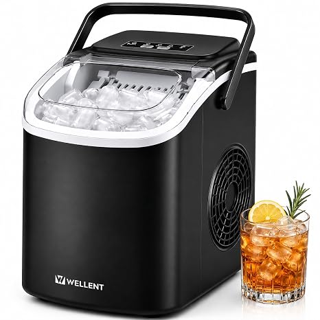 WELLENT Ice Maker Machine Countertop, Portable Bullet Ice Maker with Self-Cleaning, 8 Ice Cubes in 6 Mins, 12KG/24H, 2 Ice Sizes, Quiet Compact Ice Machine for Kitchen, Home Bar, Camping & RV