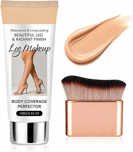 Leg Makeup Waterproof No Transfer - Natural Body Coverage Perfector with Brush - All in One Body Makeup Foundation for Legs, Arms Buildable Coverage, Visible Veins & Tattoo Cover Up, Even Skin Tone