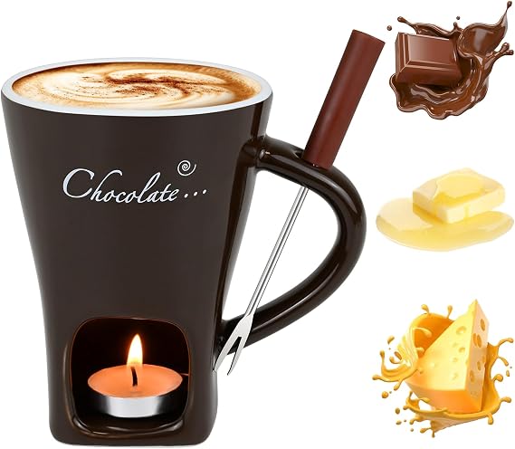 Sweet Fondue Cup Set, Chocolate Fondue Mug with 1 Fork and 4 Candles, Personal Ceramic Chocolate Melting Cup, Chocolate Fondue Cup, Ideal Gifts for Date Night, Birthday, Wedding (Brown)