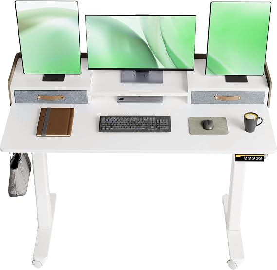 YDN Standing Desk with Drawers, Mobile Stand Up Desk 48 Inch, White | Adjustable Monitor Stand, 2 drawers, felt fence design, Lockable 4 wheels, height adjustable Standing Desk