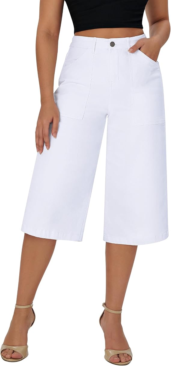 roswear Womens Wide Leg Capri Pants Stretchy High Waisted Loose Denim Jeans
