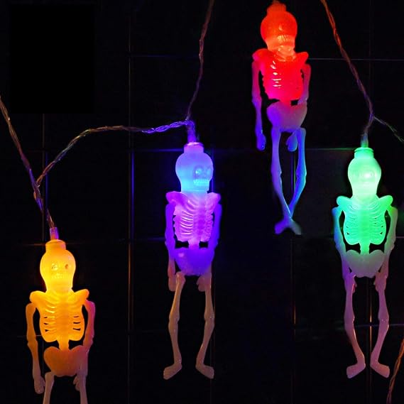 Skeleton Lights Halloween String Lights - 10Ft 20LEDs Skeletons Halloween Lights Decoration, 2 Lighting Modes Battery-powered String Lights, Spooky Halloween Lights for Party Patio Indoor Outdoor