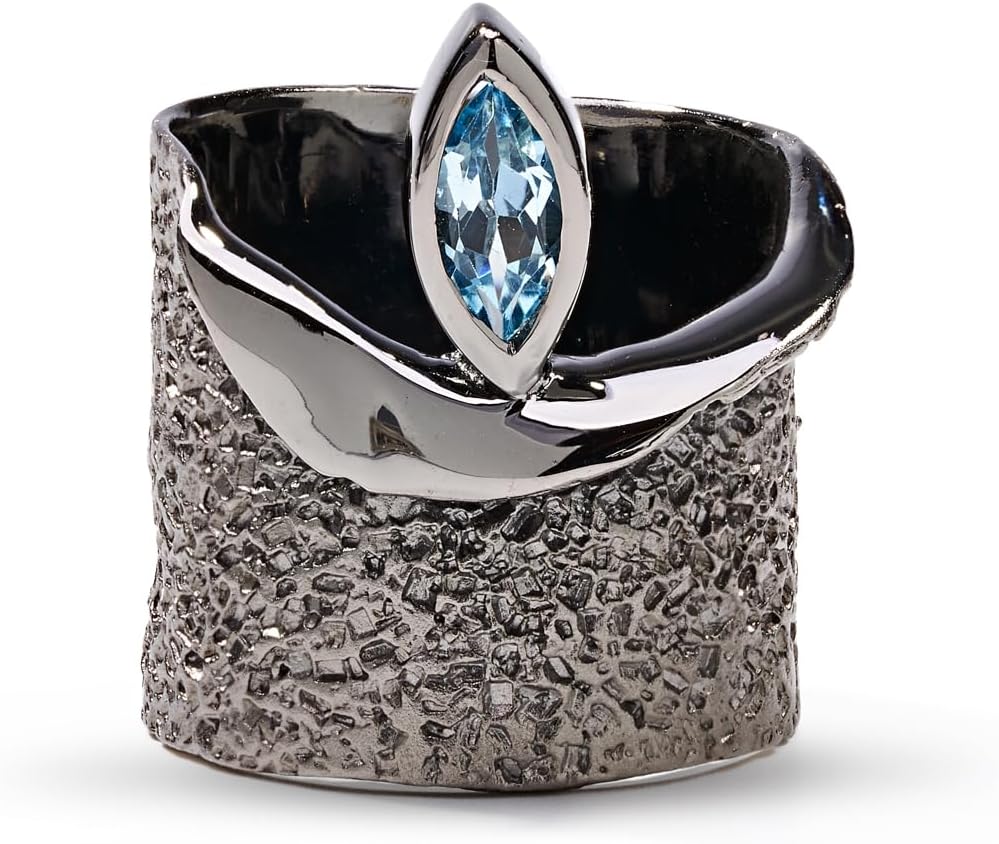 german kabirski 0.60 Carat Blue Topaz Handmade Barrel Ring in 925 Sterling Silver with Black Rhodium Plating Size 4.5 to 13