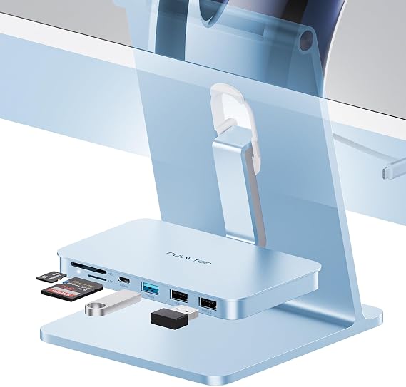 iMac Accessories for iMac 2021/2023/2024,USB C Hub for iMac for M1/M3/M4 | PULWTOP Shelf Hub for iMac with USB A/C 10Gbps, 2 USBA 2.0, SD/TF Card Reader for iMac24 inch & Studio Display 2, Blue
