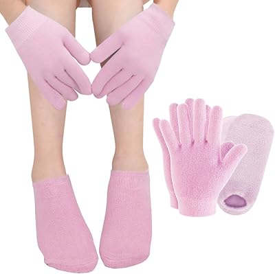 Moisturizing Socks and Gloves Set, Silicone Gel Socks for Cracked Heels & Dry Feet for Women, Spa Hydrating Gloves for Hand Care, Cracked Skin Relief & Treatment, Repair Overnight, Pink