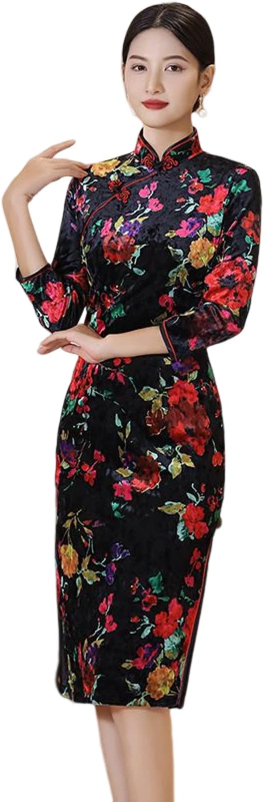 CBROOT Women'S Cheongsam Dress -Fashion Chinese Traditional Velvet Qipao Dress Autumn Winter Elastic Slim Long Cheongsam 3/4 Sleeves Evening Party Clothing Plus Size
