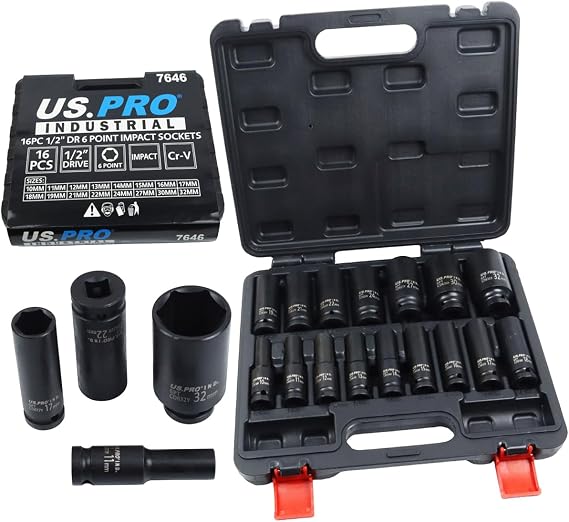 US PRO Industrial 16pc 1/2 Dr 6-Point Deep Impact Socket Set European Style 10-32mm