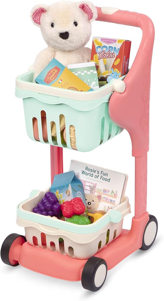 B. toys Musical Shopping Cart, Shop & Glow Toy Cart with Book, Interactive | Toy shopping cart with 25 play food pieces, 2 removable baskets, plush teddy bear, board book, adjustable height, 2+ Years