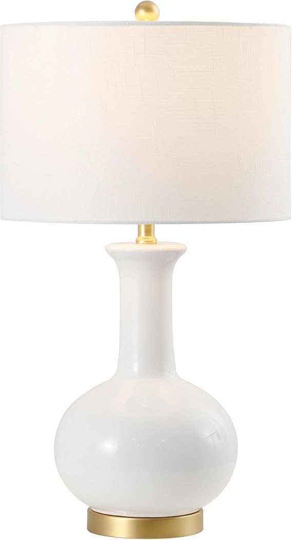 JONATHAN Y 27" White/Gold Ceramic Table Lamp for Living Room Bedroom, Modern Transitional Nightstand Lamp with White Linen Drum Shade, LED Bulb Included JYL6208A