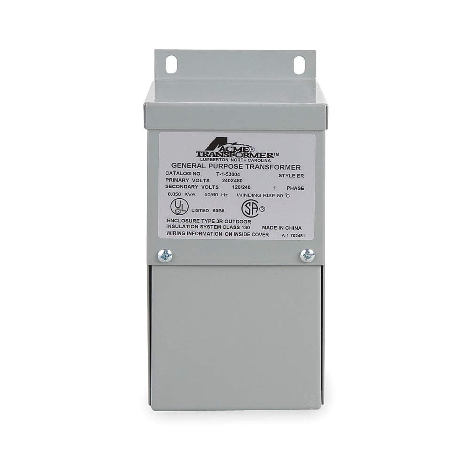 Acme Electric T253007S Low Voltage Distribution Transformer, Single Phase, 240 x 480 Primary Volts - 120240 Secondary Volts, 0.25 kVA