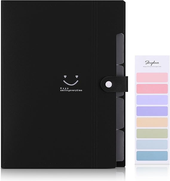 SKYDUE Expanding Folder Document Bag A4 with Colourful Labels Expandable Folder Folder System with Press Stud Button Document Folder for Office Home School Everyday (Black 5 Pockets)