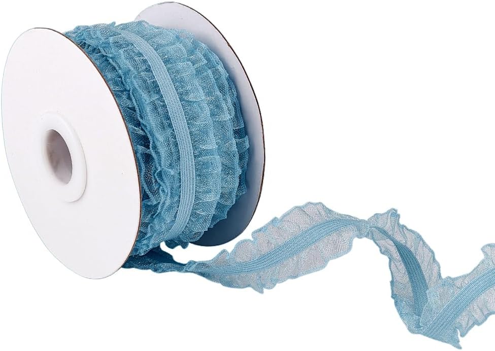 FINGERINSPIRE 10 Yards Double Ruffle Lace Trim Light Sky Blue 34 inch Wide Ruffle Stretch Elastic Edging Trim Pleated Fabric Lace Ribbon for DIY Dress Headwear Decoration and Gift Wrapping