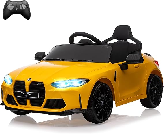12V Electric Ride On Car w/RC,Licensed by BMW M4 Toddler Electric Vehicle | for 37-83 months Boys Girls, with Suspension System,3 Speeds, Bluetooth, MP3, Double Door, LED Light (Yellow)