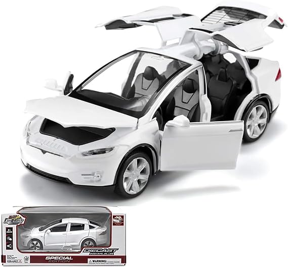 model car Tesla Model X 1:32 scale, die-cast alloy electronic toy with pull-back function, with lights and music, mini vehicle toy as a gift for children (White)