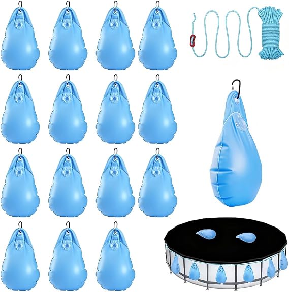 16 Pack Pool Cover Weights with Hooks & Rope, Swimming Pool Cover Hanging Bag Thick PVC Water Bags, Antifreezing Winter Pool Tarp Weights for Above Ground Pool Cover (16 Pack)