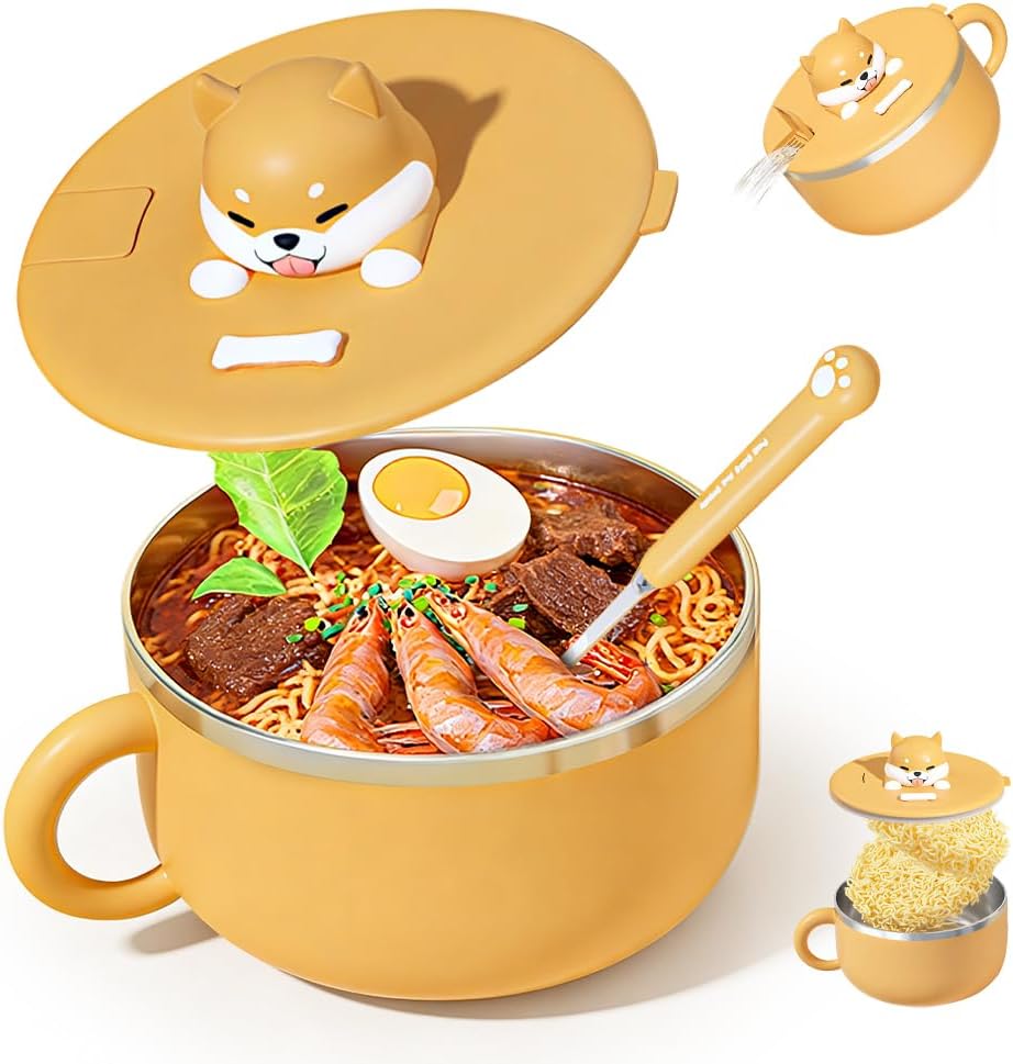 CEWROM Ramen Bowl with Lid 1200 ml Instant Pasta Bowl with Lid and Spoon Ramen Bowl Soup Bowl Made of 304 Stainless Steel Portable Pasta Bowl for Soup Pasta Dumplings and Salads (A)
