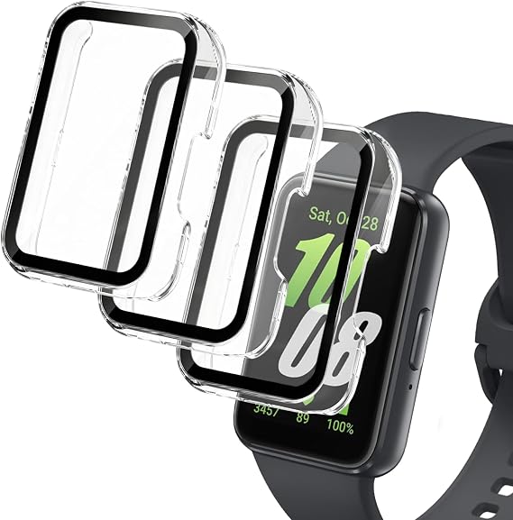 Pack of 3 Case with Screen Protector for Samsung Galaxy Fit 3 Bumper Case Screen Protector Transparent Tempered Glass PC 360° Protective Case for Galaxy Fit 3 Smartwatch Shockproof Full Protection