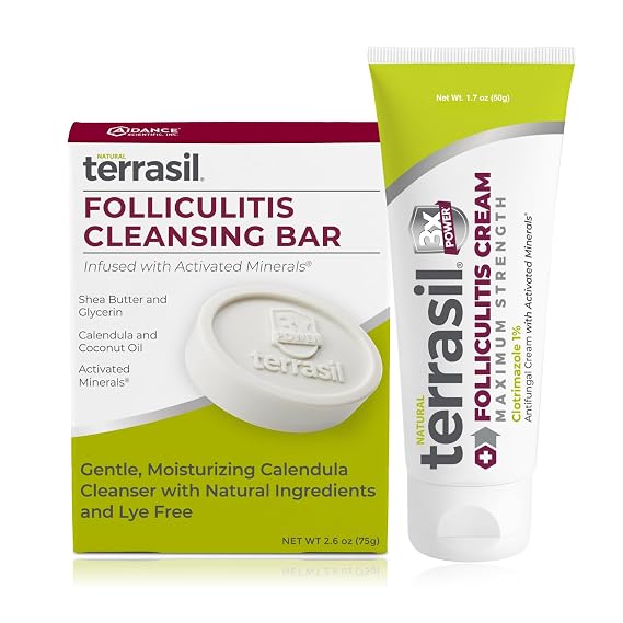 terrasil Folliculitis Treatment 2-product Kit: Folliculitis Cream + Daily Folliculitis Soap Bar, Dermatalogist Tested (1.7 oz + 75gm bar)