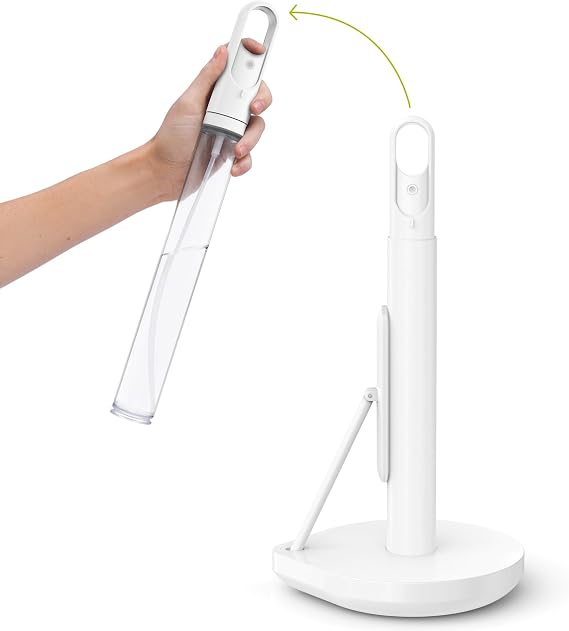 simplehuman Paper Towel Holder with Spray, All-in-One Countertop Paper Towel and Cleaner Dispenser, 6 oz Refillable Pump, One-Handed Tear, Weighted Base, White