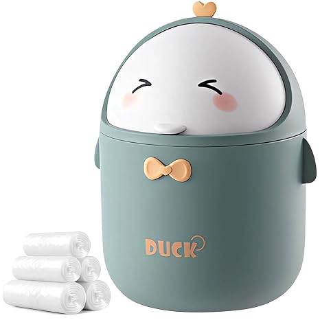 Mini Desk Bin, Small Desktop Trash Can with Lid, 1.6L Plastic Countertop Garbage Can with 5 Roll Trash Bags, Cute Small Bin for Office, Bedroom, Children's Room, Car (Green)