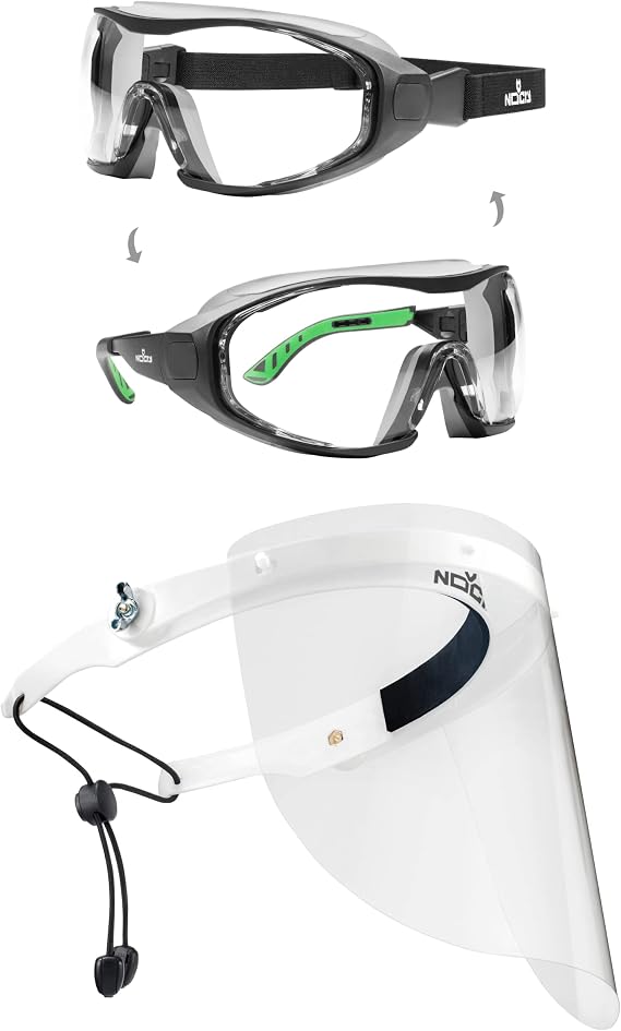 NoCry Flip Up Face Shield & Hybrid Safety Glasses/Goggles Bundle;  with 2 Clear, Reusable Plastic Visors; with Anti Fog and Anti Scratch Coating; Clear Lenses
