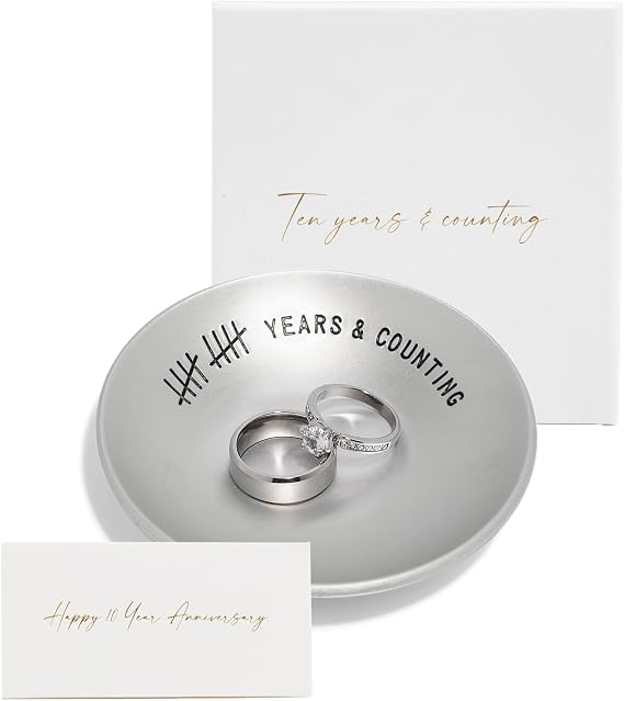 10 Year Anniversary Tin Gifts - Engraved Aluminum Wedding Ring Holder Dish