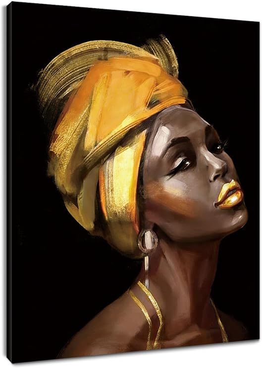 LB African American Woman Wall Art, Black Woman with Gold Hair Abstract Painting Prints, Modern Beauty Black and Gold Artwork for Living Room Bedroom Bathroom, 8x10 Inch Ready to Hang