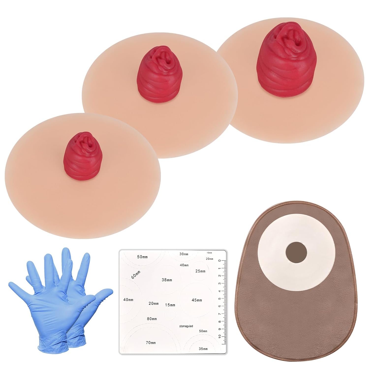 Sticky Ileostomy Simulators, Stoma Training Model Set, Multi-Skin Tone Ostomy Care Practice Models for Medical Training and Patient Education - Light