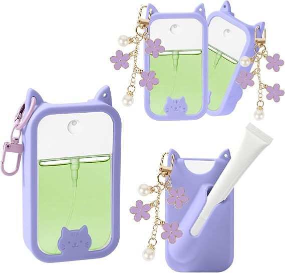 Silicone Case Compatible with Touchland Hand Sanitizer Spray Mist 1 oz with Lip Holder Flower keychain (Light Purple)