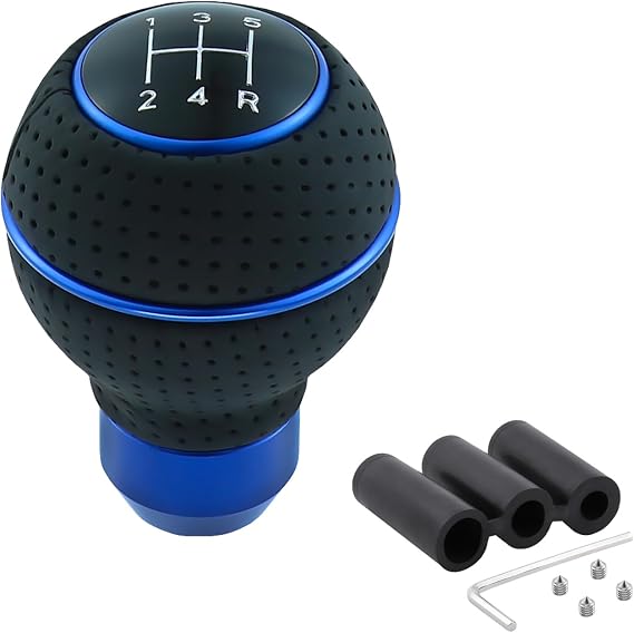 5 Speed Shift Knob Round Ball Gear Stick Leather Shifter Knob Handle Transmissions Fit Most Manual Cars Truck SUV Vehicle (Black+Blue)
