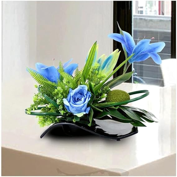 Artificial Lily Flower Bouquet with S-Shaped Ceramic Vase, Silk Lilies for Wedding, Party, Home, Garden Office Decor(White)