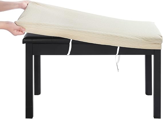 BUYUE Luxury 2-Person Piano Bench Cover, (27.7"- 37") Lx (12"- 16") W Stretch Jacquard Washable Rectangle Footstool Slipcover (M, Beige)
