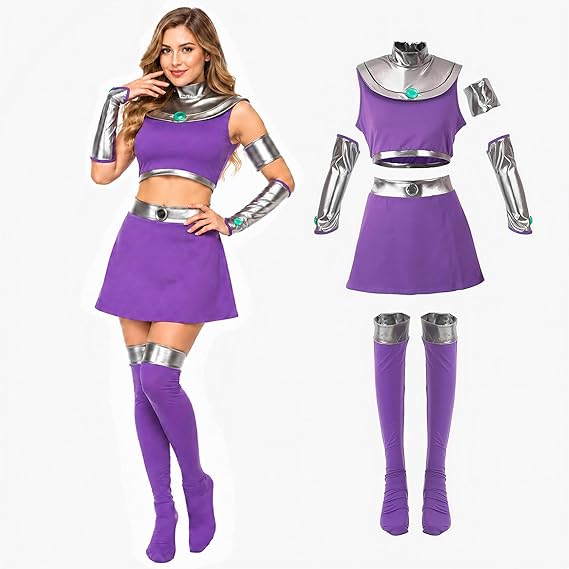 6Pcs Women Starfire Costume Halloween Purple Princess Outfit for Adults | Starfire Top, Purple Hero Skirt, Collar, Thigh High Socks, Silvery Gloves, Armband, Gem Accents, for Cosplay, Dress Up S-2XL
