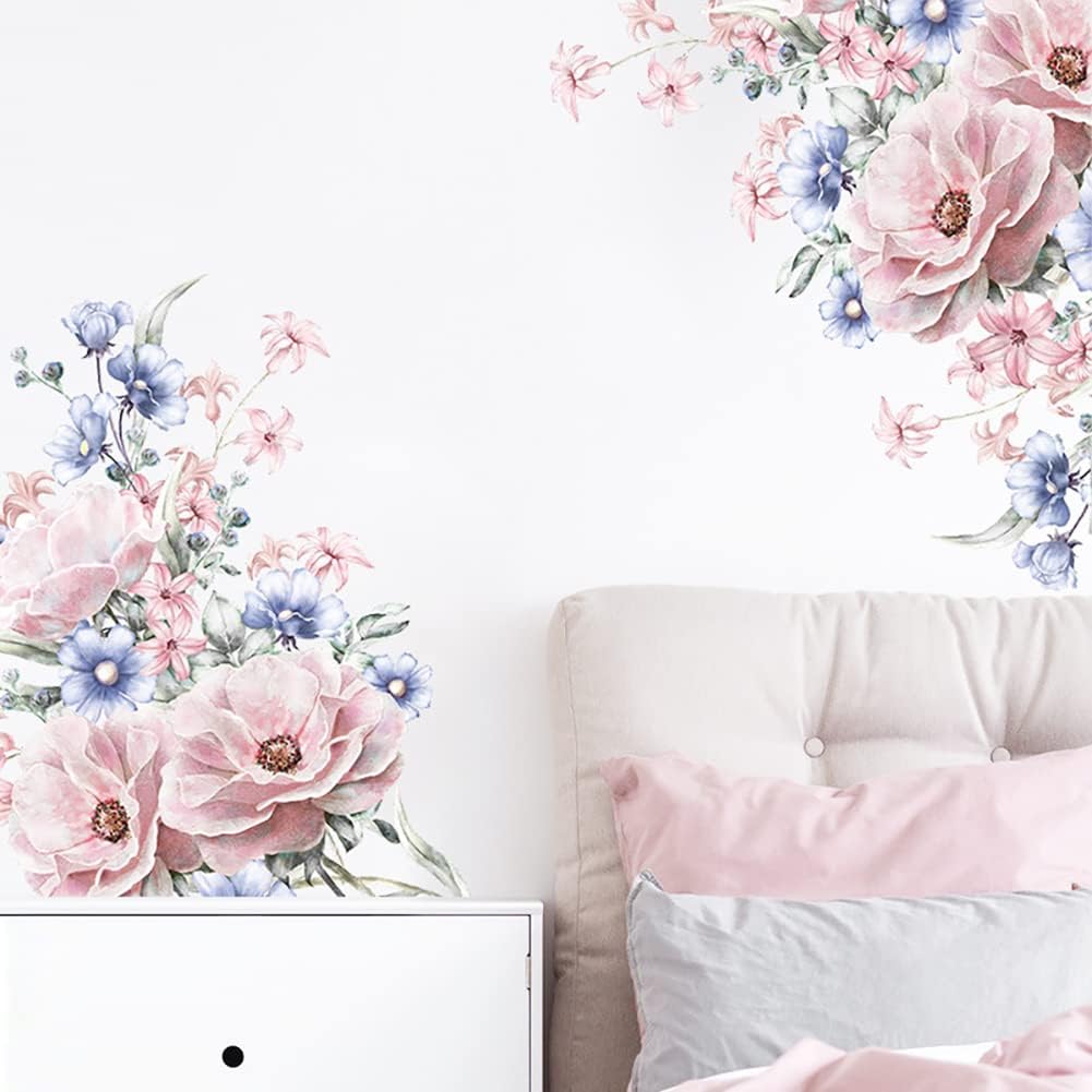 Runtoo Pink Flower Wall Art Decals Peony Floral Wall Stickers for Living Room Girls Bedroom Nursery Wall Decor, Blue,pink