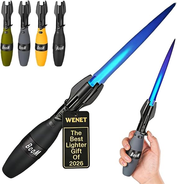 Creative Rocket Fidget Lighter, Windproof Blue Flame Torch Lighter with Safety Lock, Adjustable Jet Flame & Rotating Body, Refillable Butane Lighters for BBQ, Camping (Black)