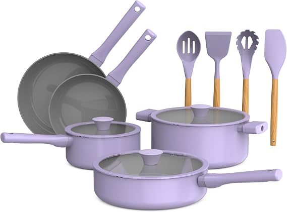 by bella 12 Piece Cookware Set w EverGoodTM Ceramic Nonstick Coating and Silicone & Wood Utensils, Dishwasher Safe Silicone & Glass Lids, Oven Safe & All Stovetop Compatible, Lavender