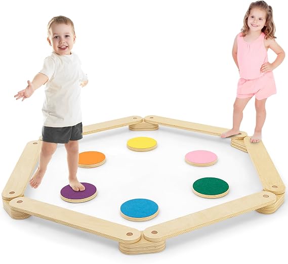 COSTWAY 12-Piece Balance Bar with 6 Balance Stones Can Be Combined Freely Made of Wood Indoor and Outdoor for Children from 3-7 Years