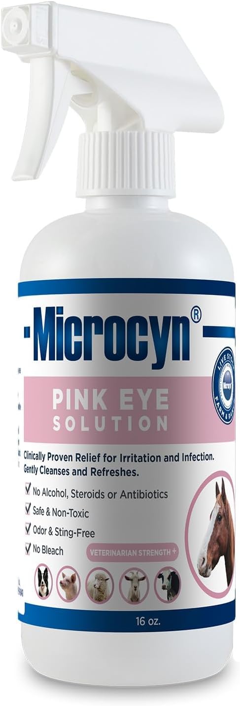 Microcyn Livestock Pink Eye Care Solution 16 oz Gentle Eye Rinse for Cattle, Horses, Goats & Farm Animals Supports Eye Cleansing & Comfort.