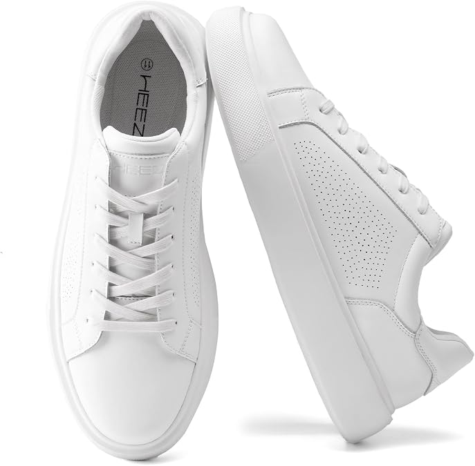 HEEZ Men's Dress Sneakers, Split Leather Business Casual Shoes for Men Lightweight, Breathable Comfortable Casual Dress Shoes for Office Travel Daily White