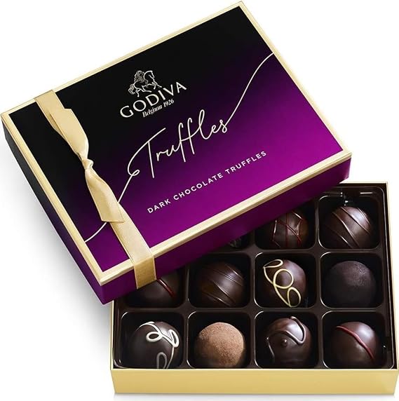 Godiva Chocolatier Assorted Dark Chocolate Truffle Gift Box for Birthday, Thank You, Anniversary, Congratulations Gift Basket Gourmet Candy with Creamy Ganache in Dark Chocolate, 12pc