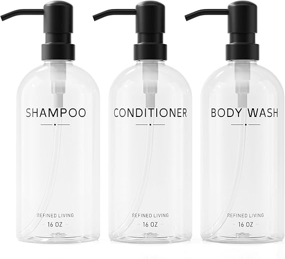 Shampoo and Conditioner Dispenser Set,3 Refillable 16oz Bottles with Stainless Steel Pumps Shower Soap Dispensers for Bathroom, Hotel or Airbnb (Transparent, 3-Pack)