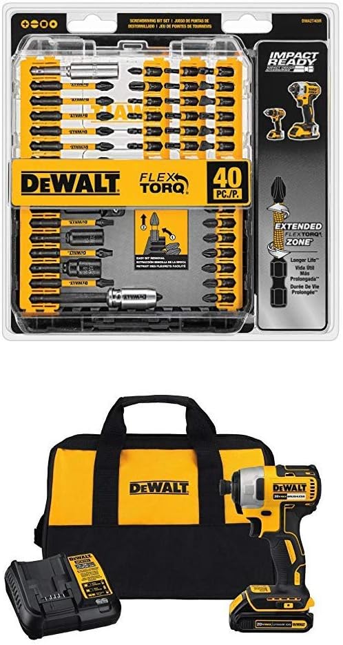 DEWALT DWA2T40IR IMPACT READY FlexTorq Screw Driving Set, 40-Piece and DEWALT DCF787C1 Cordless Impact Driver Kit Includes Battery and Charger