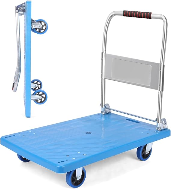 Heavy Duty Platform Hand Truck for Moving, Folding Flatbed Dolly with 360 Degree Swivel Wheels Foldable Push Hand Cart for Loading and Storage (S)