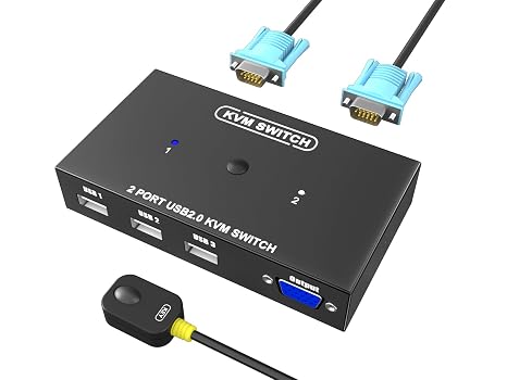 KVM Switch VGA 2 Port - VGA KVM Switch for 2 Computers Share 1 Monitor & 3 USB 2.0 Devices,Keyboard Mouse Scanner Printer,U Disk, Driver-Free for All OS,2 KVM Cables 1 Desktop Controller Included
