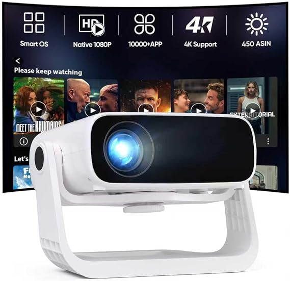 Smart Projector with WiFi and Bluetooth Built-in 10000+ Apps - 450 ANSI 4K Support Mini Movie Projector Native 1080P with 120 Rotation, Auto Keystone & Zoom 2025 New Portable Bedroom Proyector