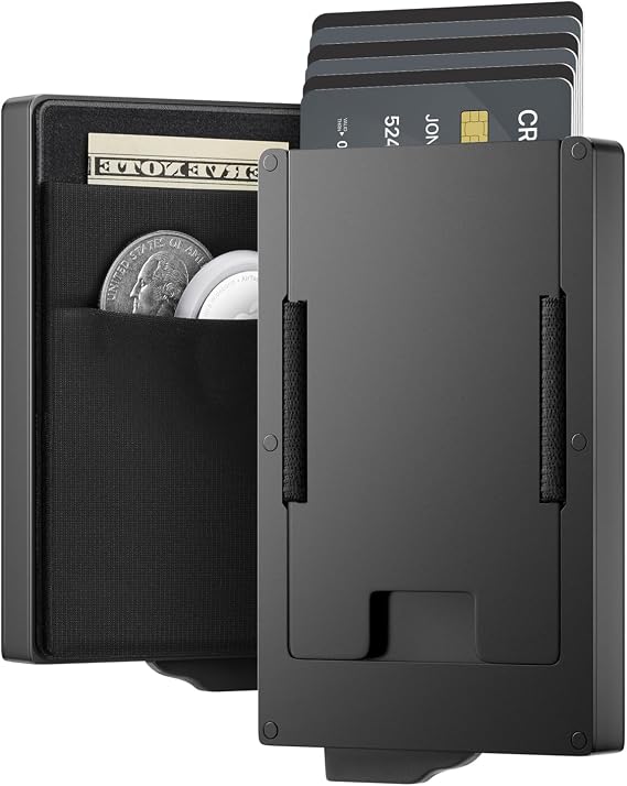 Mens Wallets RFID Blocking, Pop Up Credit Card Holder 10-20 Cards, Minimalist Slim Wallet with Cash Coin Pocket, Metal Durable Expandable Backplate Smart Wallet for Men, Mens Gift, Black