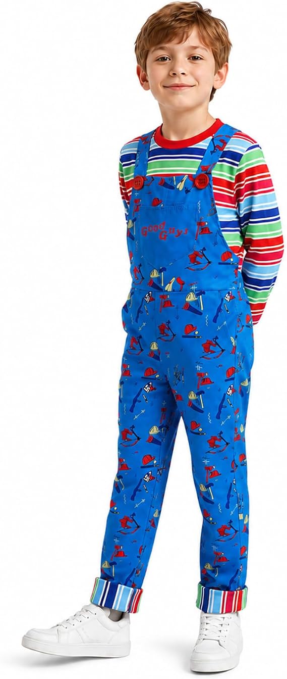 Kids Creepy Doll Costume Killer Halloween Jumpsuit Props Outfit 3-12yrs