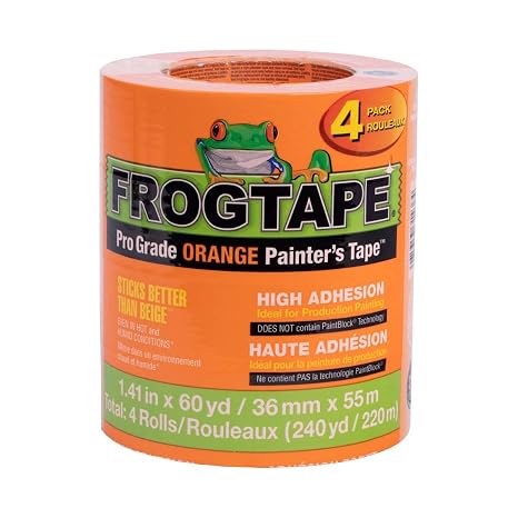 FrogTape ProGrade Orange Painters Tape 1.5 Inch Wide (1.41 in x 60 yd), High Adhesion Masking Tape for Indoor & Outdoor Applications, Orange, 4 Roll Pack (242808)