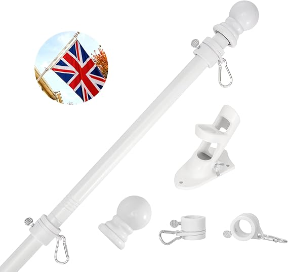 Holdfiturn 5FT Flagpole Kit with Bracket Wall Mounted Stainless Steel White | Professional Metal Flag Pole for House Garden Yard Residential and Commercial Use