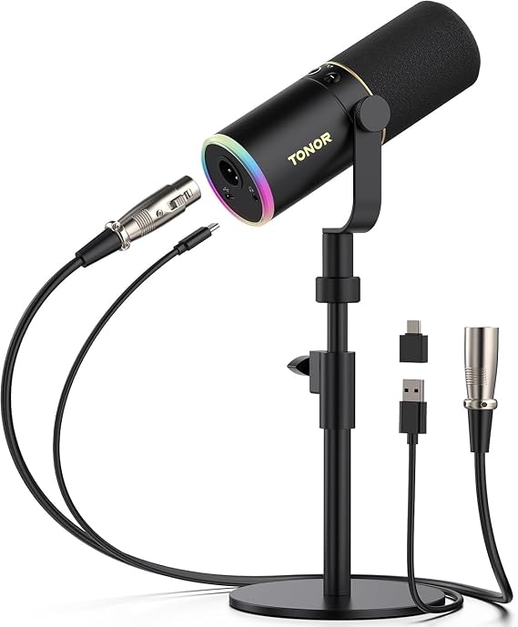 TONOR TD520S Dynamic Microphone with XLR/USB Cable Micro PC Vocal Microphone for Streaming Gaming Studio 200 cm Cable with Adjustable RGB Desktop Stand Black